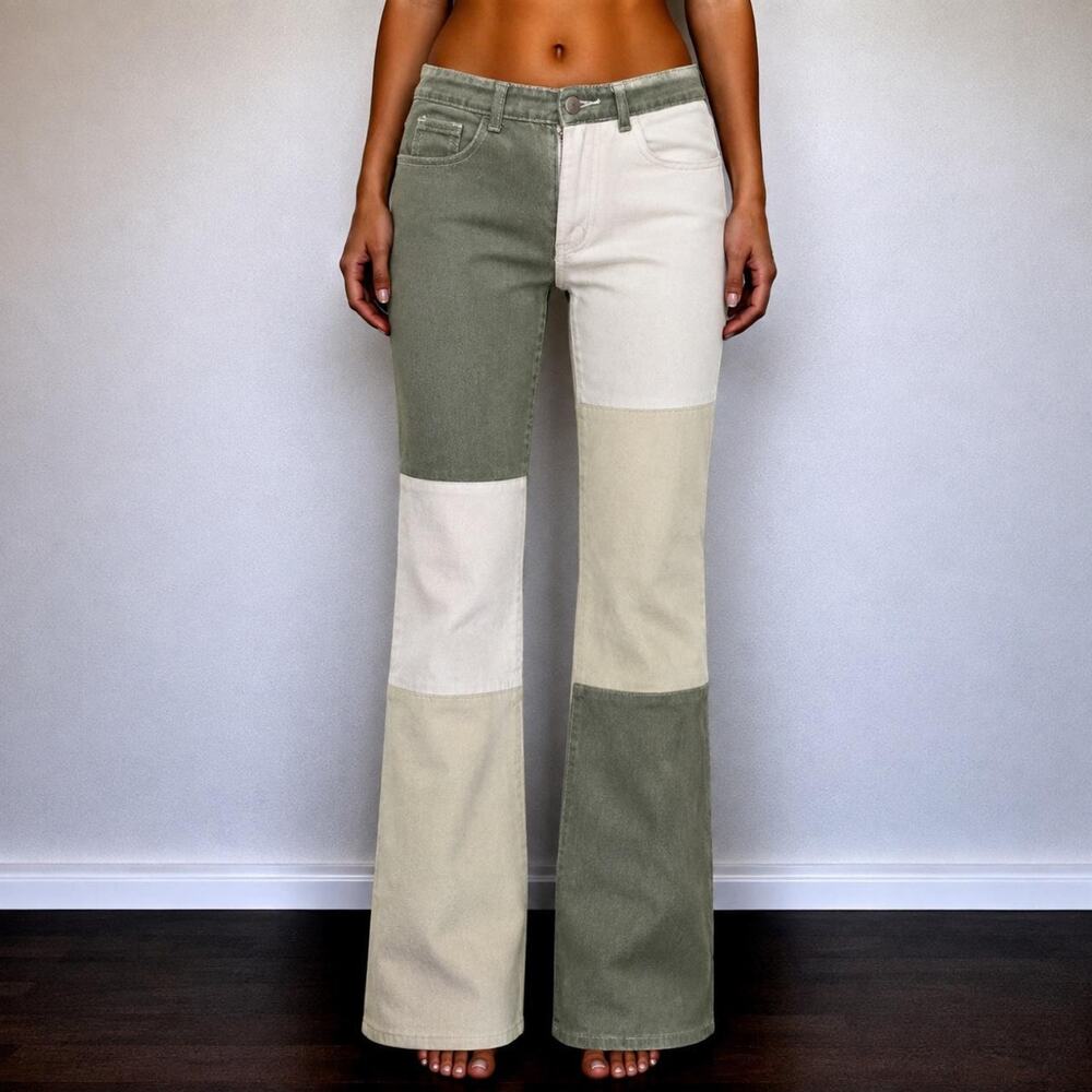 Y2K Retro Sage & Cream Colorblock Patchwork Bootcut Flare Jeans Size 0/25